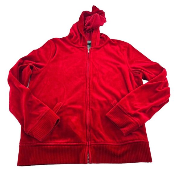 Lauren Ralph Lauren Velour Jacket Hood Red Women's size Medium full Zip - Picture 1 of 6